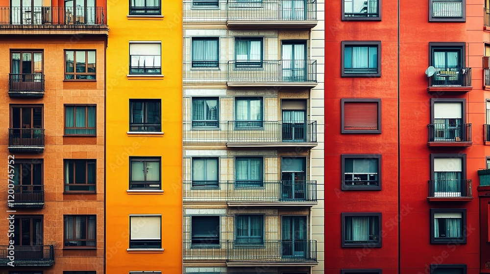 Fototapeta premium Vibrant City Apartments: A striking image showcasing the architectural details of three buildings with contrasting colors; orange, beige and red, creating a visually captivating urban landscape. 