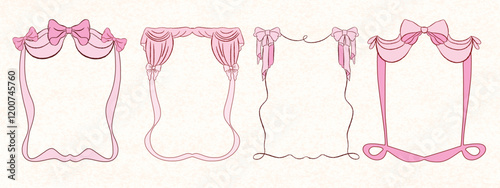 Coquette Vintage bows frame for greeting cards, wedding and birthday party, , invitations in cute elegant coquette style. Hand drawn ribbons border illustration for social media decoration template