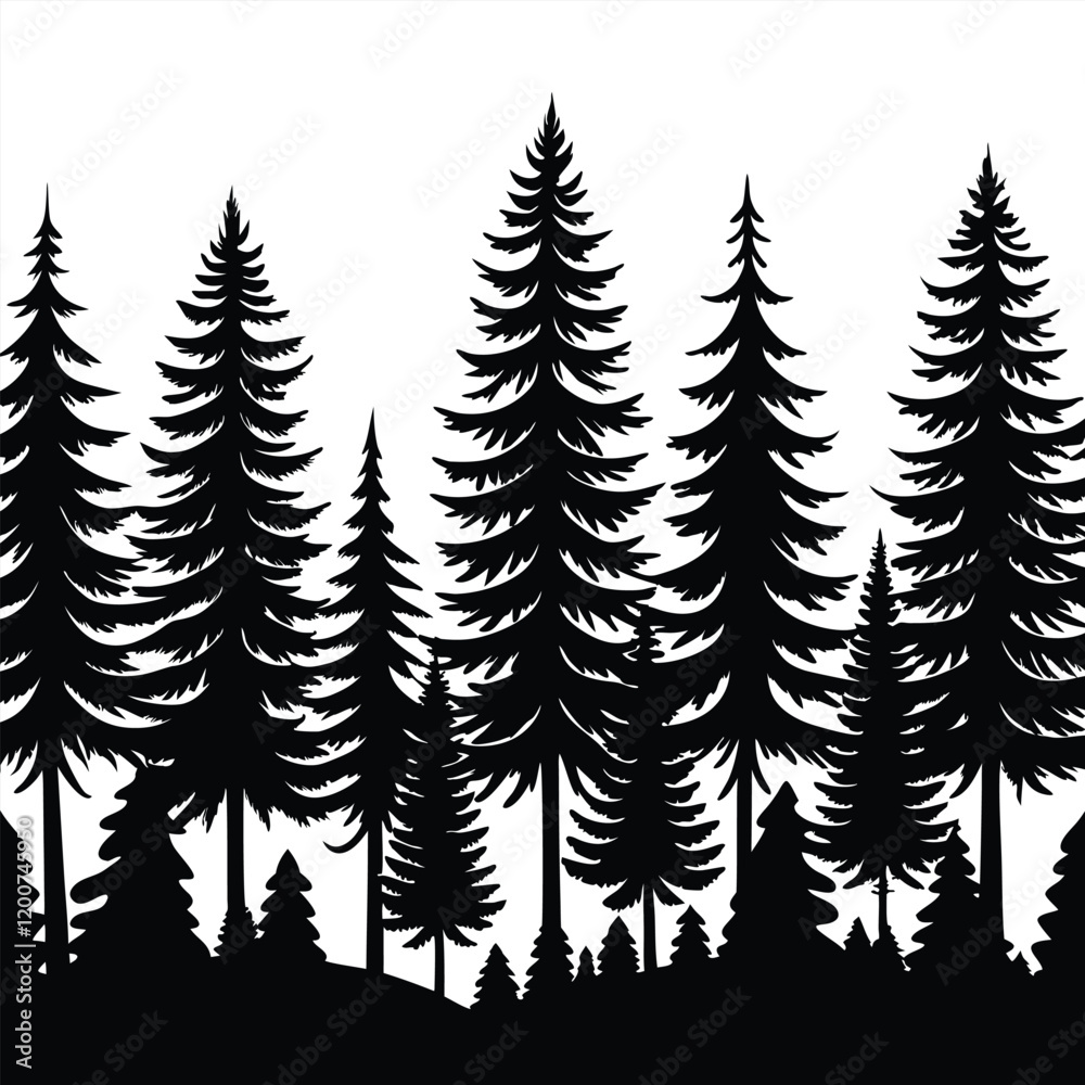 Obraz premium Detailed Vector Illustration of a Picturesque Mountain Landscape Featuring a Dense Forest and a Majestic Deer, Perfect for Nature and Wildlife Themes