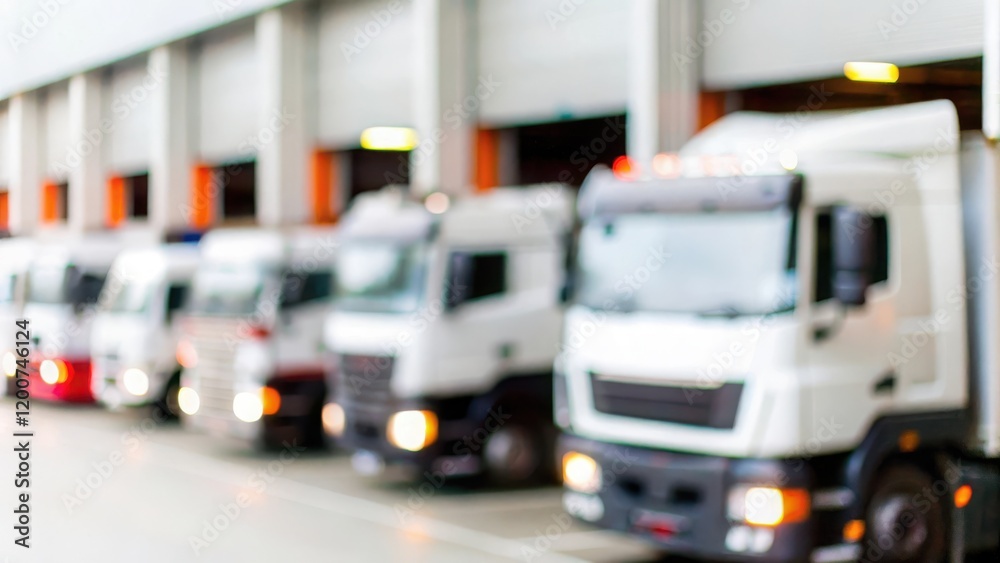 Fototapeta premium Loading Dock Scene: Soft-focus view of trucks aligned outside a factory warehouse. 