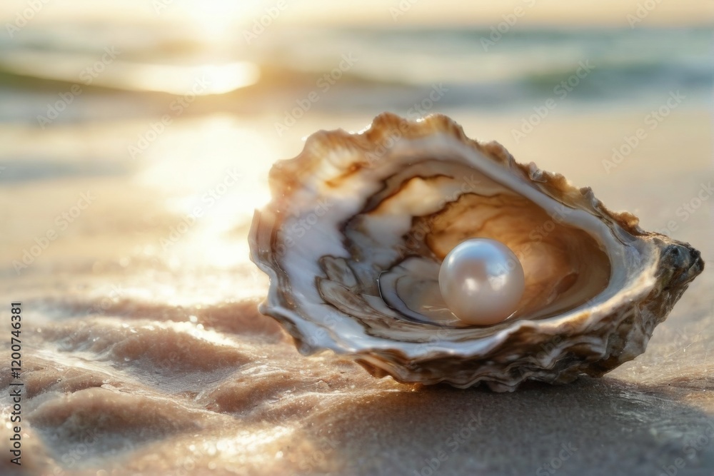 Serene sunset beach scene with open oyster shell revealing light pink pearl resting on edge with waves. Serene sunset beach scene with open oyster shell revealing light pink pearl resting on edge with waves.