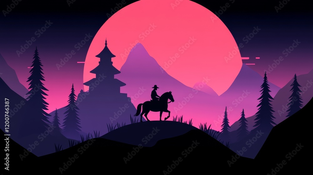 Fototapeta premium Cowboy Rides Horse Across Asian Landscape Sunset