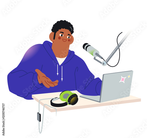 Man recording a podcast on laptop 