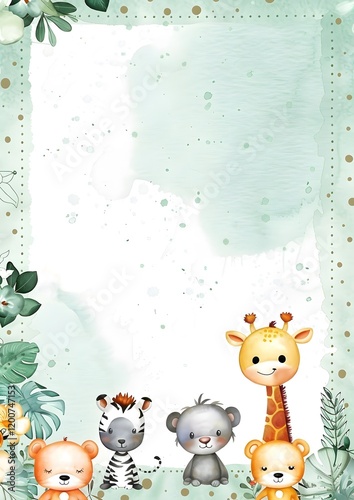 A cute animal-themed border design featuring a giraffe, zebra, and other animals.