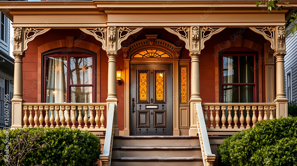 Fototapeta premium Victorian House Exterior: Elegant Brick Facade with Classic Porch and Columns