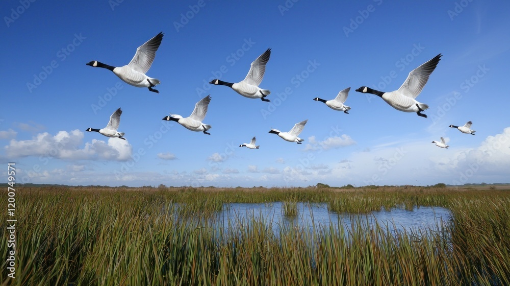Flock of geese flying over a serene wetland landscape. Flock of geese flying over a serene wetland landscape.