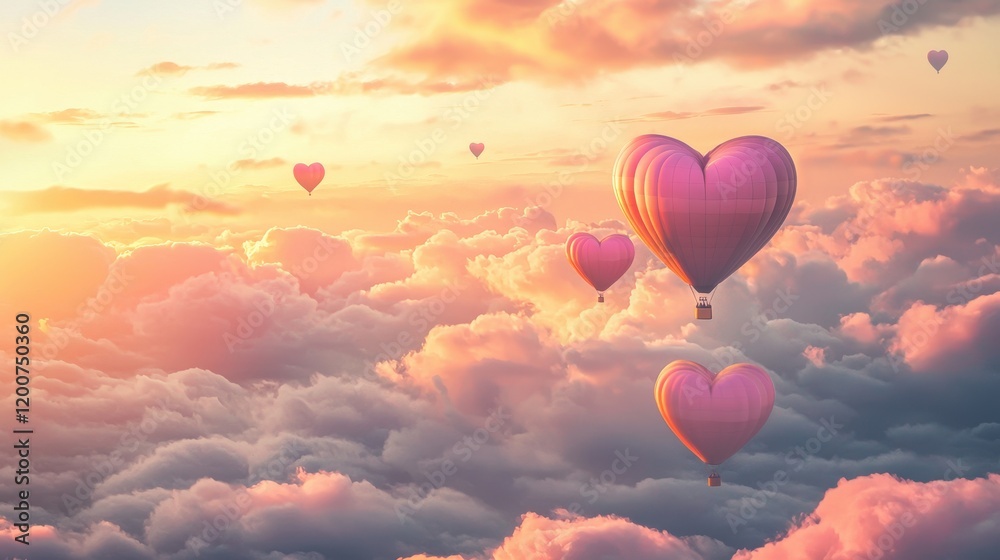 Fototapeta premium Romantic Heart Shaped Hot Air Balloons Floating Above Colorful Clouds