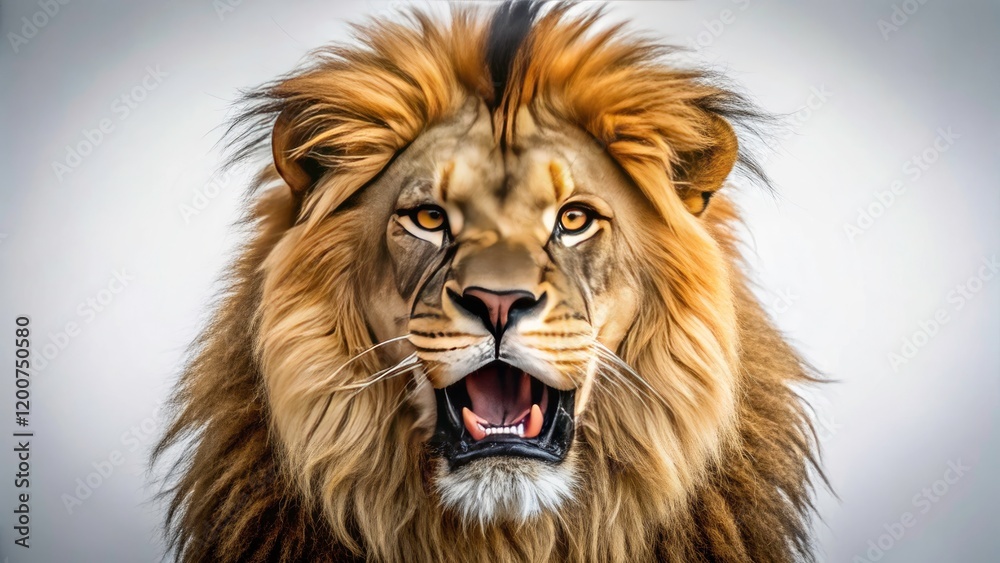 Obraz premium Majestic Lion Roaring Close-Up Portrait on White Background - Studio Animal Photography for Wildlife Enthusiasts and Nature Lovers