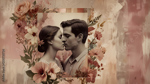An abstract, love-themed background featuring fragmented photos of couples, vintage postcard elements, and blooming flowers