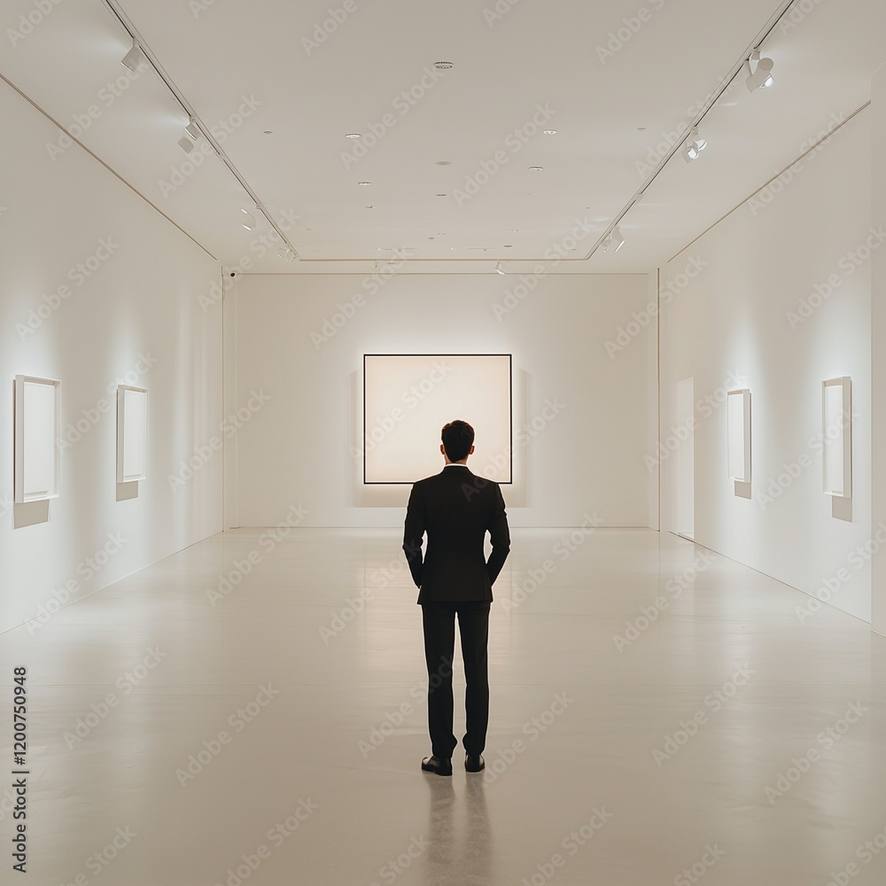 Airy, minimalist white gallery with a man in black near a frame. Airy, minimalist white gallery with a man in black near a frame.