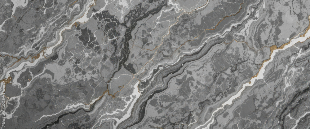 Fototapeta premium Abstract gray marble texture with gold accents and flowing patterns.