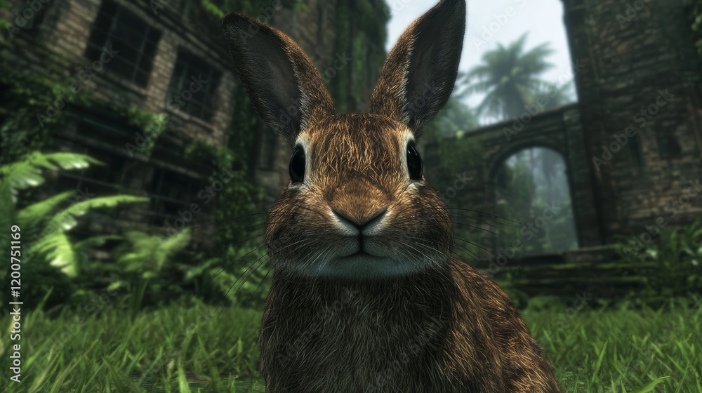 Fototapeta premium Curious Rabbit in Overgrown Ruins, Jungle Setting