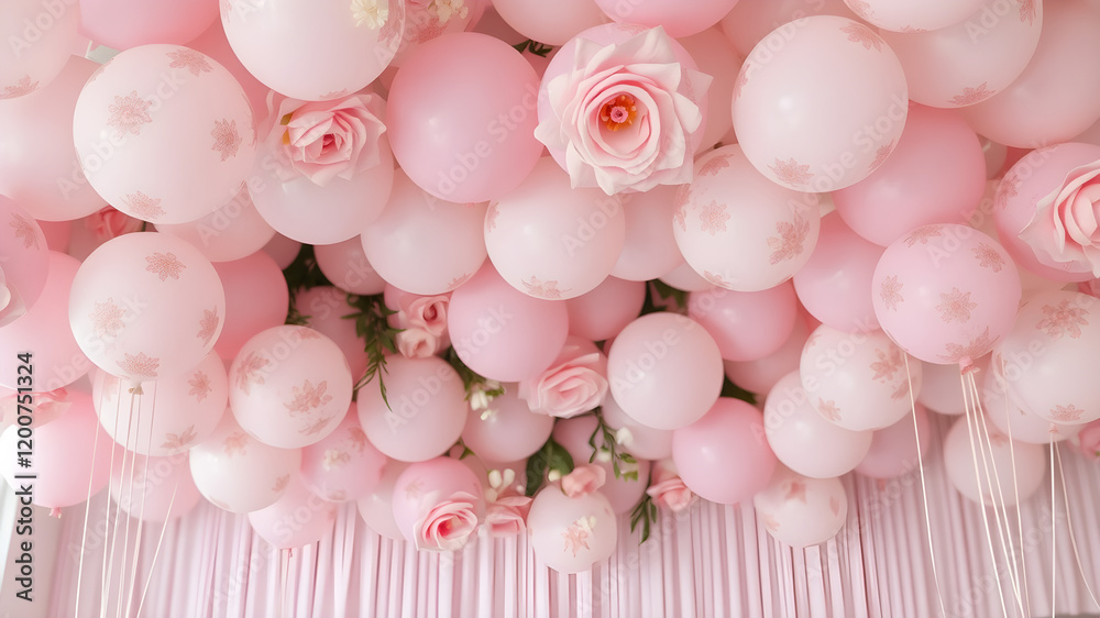 The atmosphere is beautifully decorated with floral-patterned balloons in soft pink and white, perfect for a wedding reception, HD, 8K The atmosphere is beautifully decorated with floral-patterned balloons in soft pink and white, perfect for a wedding reception, HD, 8K