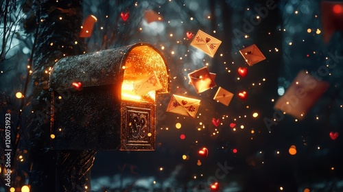 Enchanted Mailbox with Floating Letters and Hearts in Forest Setting photo