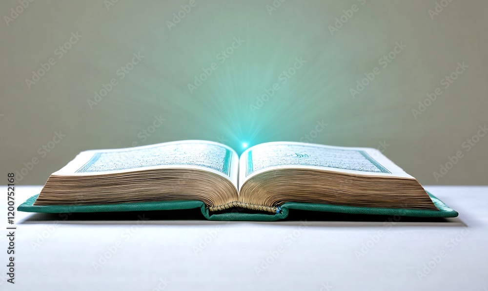 Open holy book glowing, table, light, spirituality, religious concept Open holy book glowing, table, light, spirituality, religious concept