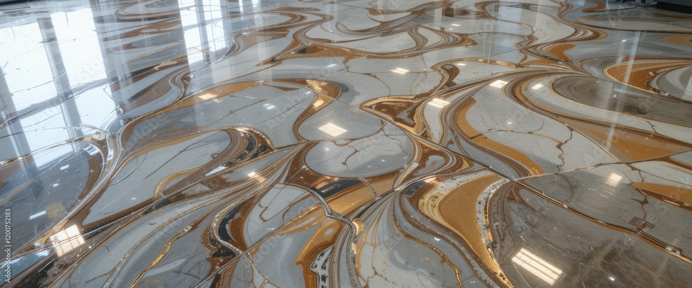 Elegant marble floor with flowing patterns and glossy finish.