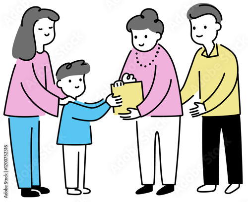 Boy giving a gift to his grandparents