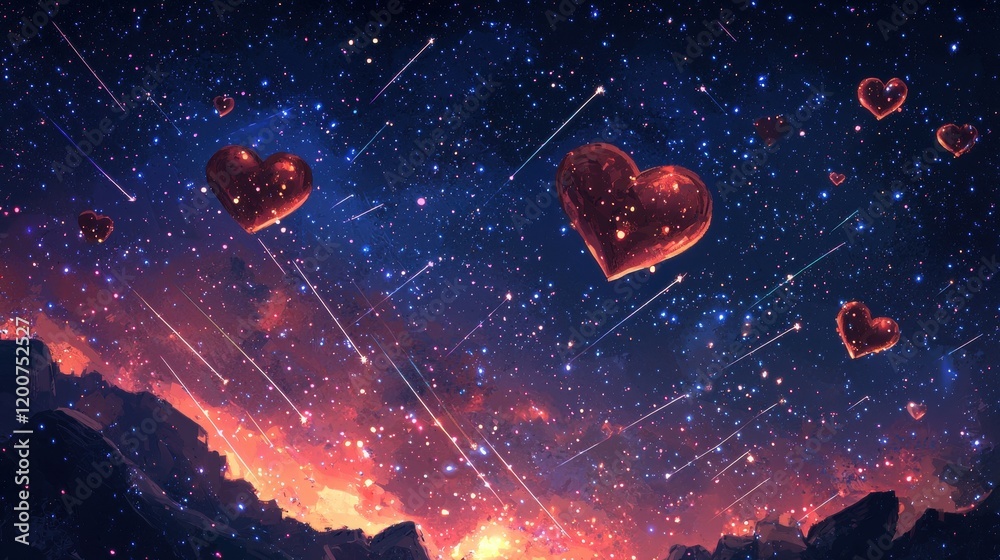 Obraz premium Romantic Cosmic Scene with Hearts and Shooting Stars in Night Sky