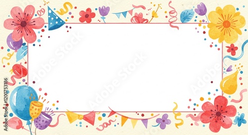 Fototapeta Naklejka Na Ścianę i Meble -  Festive Watercolor Birthday Party Invitation Border Design with Flowers Balloons and Confetti