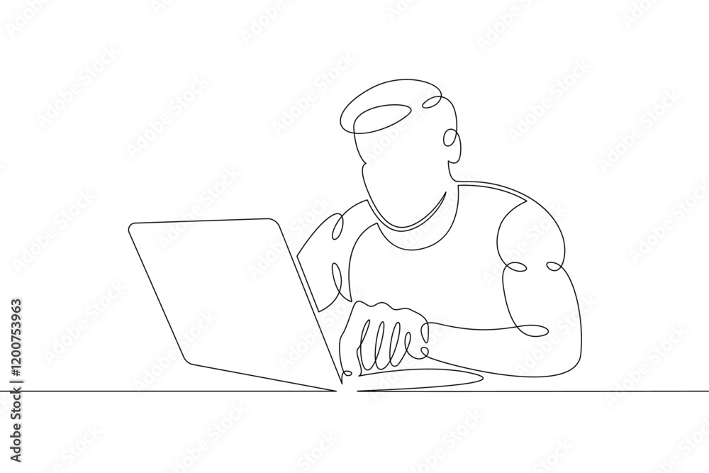 Young man sits working at a laptop computer. Designer manager works on the Internet. One continuous drawing line, logo single hand drawn art doodle isolated minimal illustration. Young man sits working at a laptop computer. Designer manager works on the Internet. One continuous drawing line, logo single hand drawn art doodle isolated minimal illustration.