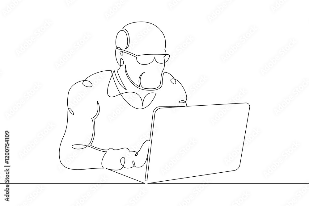 Old man old pensioner sitting working at a laptop computer on the Internet. One continuous drawing line, logo single hand drawn art doodle isolated minimal illustration. Old man old pensioner sitting working at a laptop computer on the Internet. One continuous drawing line, logo single hand drawn art doodle isolated minimal illustration.