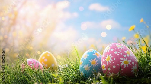 Easter Eggs in Spring Meadow: A trio of brightly colored Easter eggs with floral patterns nestle amongst the vibrant green grass of a spring meadow, bathed in the warm glow of the setting sun.