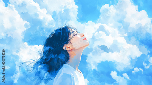外で深呼吸をする女性（イラスト）