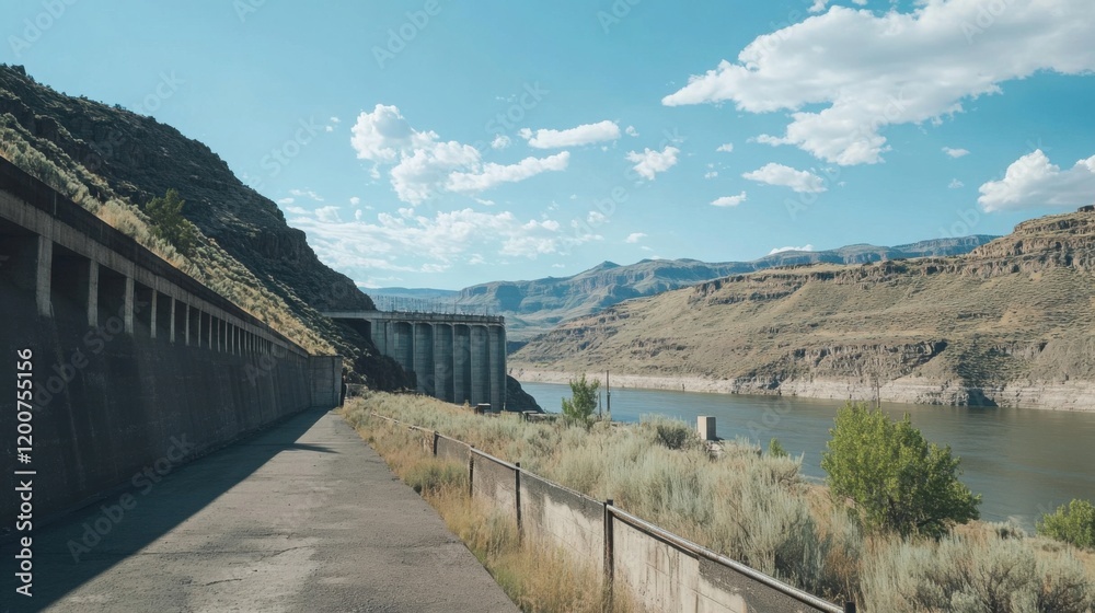 Fototapeta premium Scenic View of Dam and River Surrounded by Mountains Under Clear Blue Sky with Fluffy Clouds on a Sunny Day