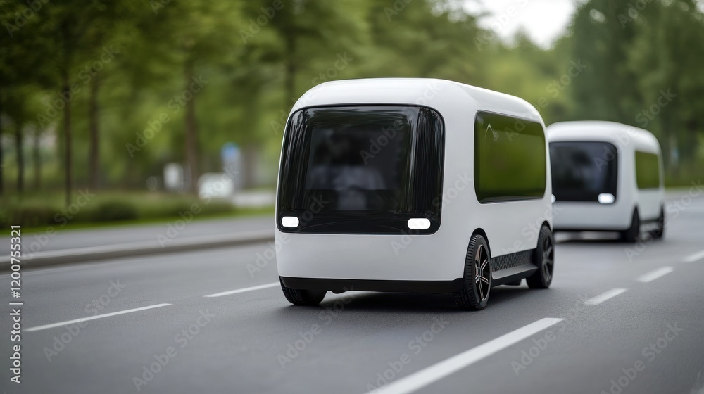 Autonomous Electric Vehicles on a tree-lined road Autonomous Electric Vehicles on a tree-lined road