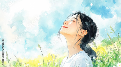 外で深呼吸をする女性（イラスト）