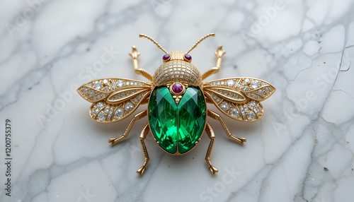 Elegant Emerald Bee Brooch with Gold Detailing and Sparkling Gemstones on Sophisticated Marble Background photo