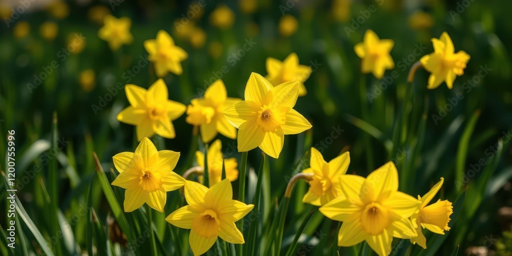 Bright yellow daffodil flowers blooming in a lush green field under the warm sun, beauty, field Bright yellow daffodil flowers blooming in a lush green field under the warm sun, beauty, field