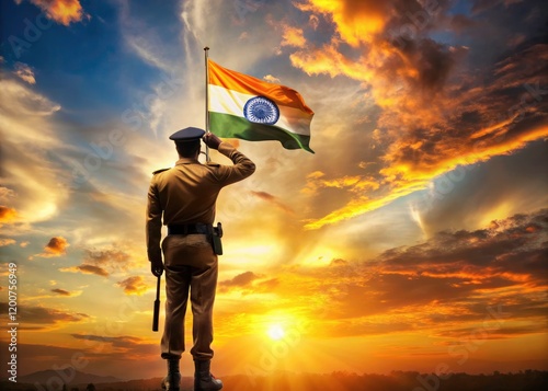 Sunset paints the sky as a brave Indian soldier renders a poignant flag salute, a symbol of unwavering devotion. photo