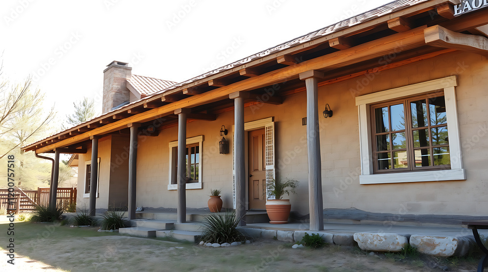 Classic Ranch House with Adobe Exterior and Wooden Porch. A Rustic Country Home Design with Stone Accents and Landscaping Classic Ranch House with Adobe Exterior and Wooden Porch. A Rustic Country Home Design with Stone Accents and Landscaping