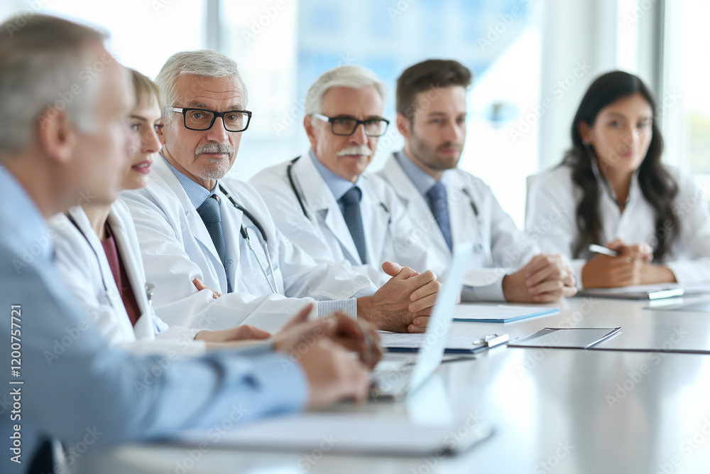 A group of doctors are sitting at a table with a laptop in front of them A group of doctors are sitting at a table with a laptop in front of them