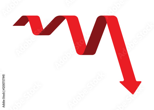 red business arrow graph going down represents trading loss business decline economic recession and financial deficit, round corder style