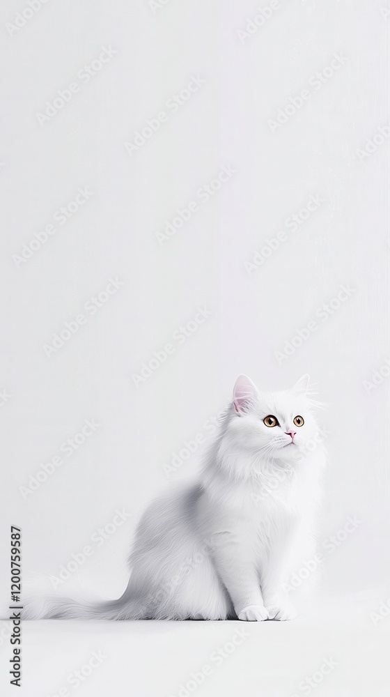 Obraz premium Elegant white cat posing in minimalist studio setting photography soft lighting serene atmosphere