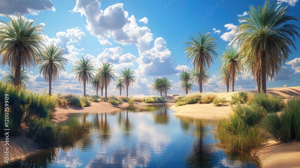 A tranquil desert oasis with a small pond surrounded by palm trees, under a vast blue sky A tranquil desert oasis with a small pond surrounded by palm trees, under a vast blue sky