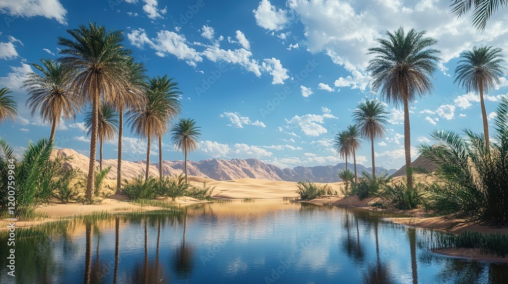 A tranquil desert oasis with a small pond surrounded by palm trees, under a vast blue sky A tranquil desert oasis with a small pond surrounded by palm trees, under a vast blue sky