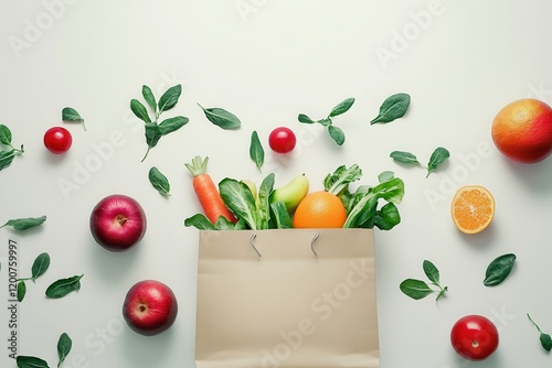 Grocery bag overflowing fruits vegetables white background photo