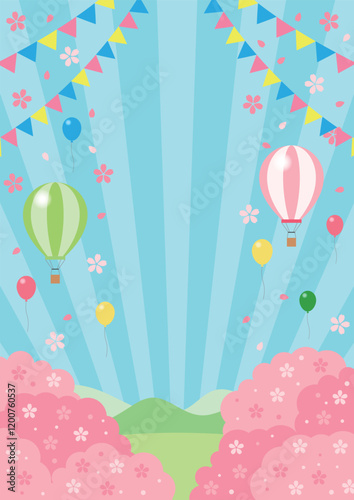 春の行楽背景、縦、桜、イラスト、かわいい、風船、気球、集中線