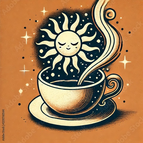 A whimsical depiction of the sun rising out of a steaming teacup