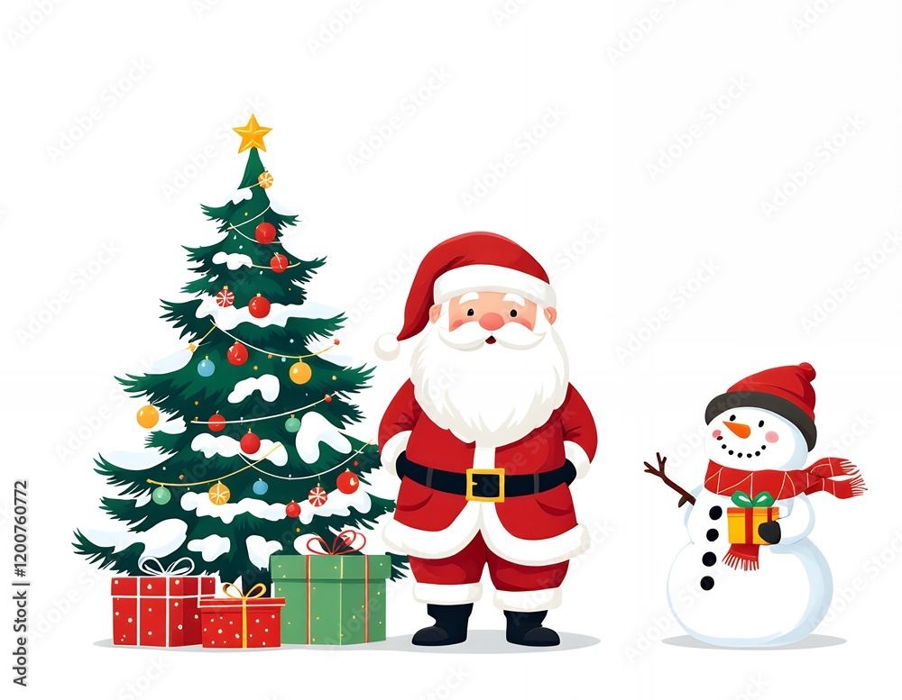Festive Christmas Scene with Santa, Snowman, and Tree Festive Christmas Scene with Santa, Snowman, and Tree