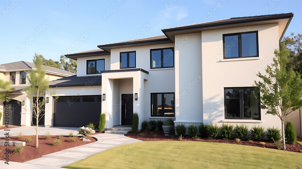 Fototapeta premium Luxury Modern Home Exterior: Dream Suburban Residence. Contemporary Architecture, Landscaping, and Stylish Design. Real Estate, Property, New Home