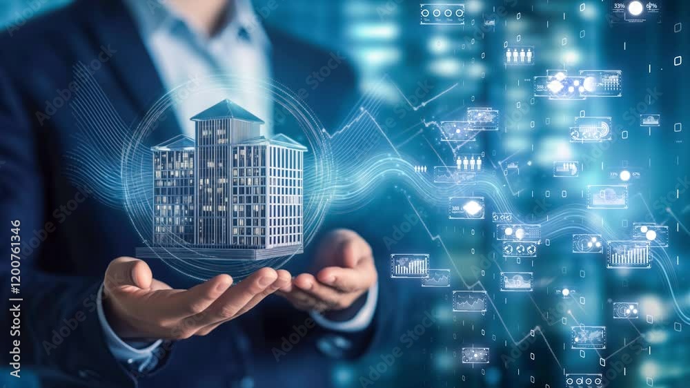 Smart real estate concept, businessman holding a futuristic building surrounded by augmented reality analytics