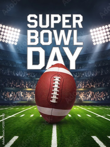 A poster with text super bowl day football in stadium