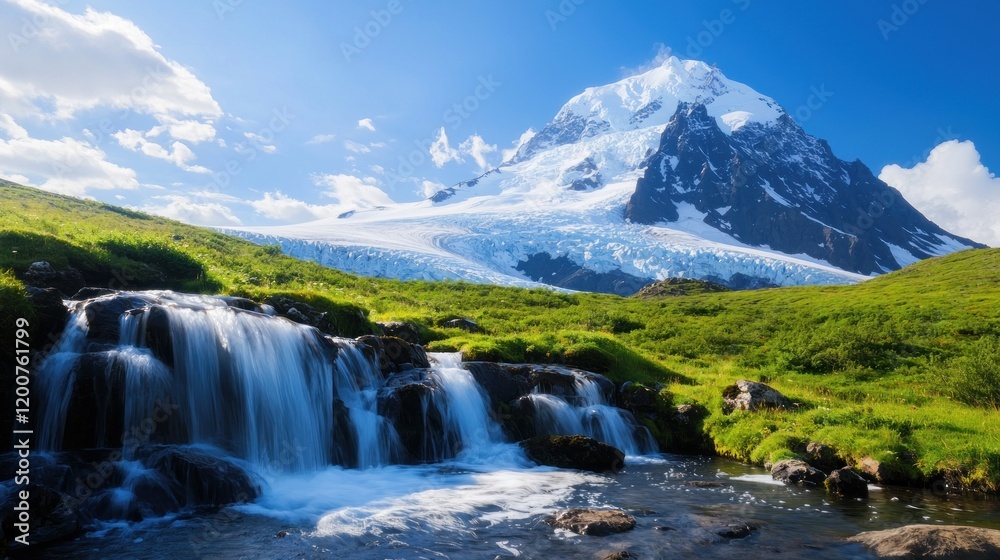 Majestic Glacier Mountain with Waterfall Majestic Glacier Mountain with Waterfall