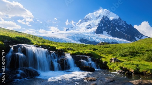 Majestic Glacier Mountain with Waterfall