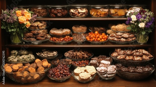 Delicious Assortment of Baked Goods and Sweets Displayed on Shelves photo