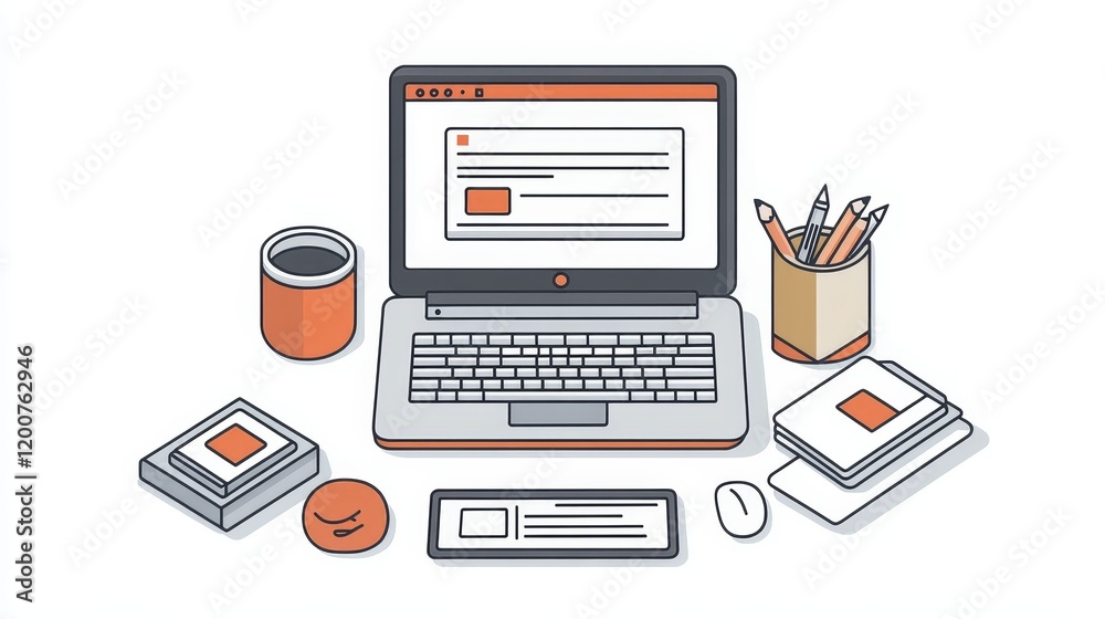 Laptop Workstation with Components, Coffee, and Snacks Illustrative Design Laptop Workstation with Components, Coffee, and Snacks Illustrative Design